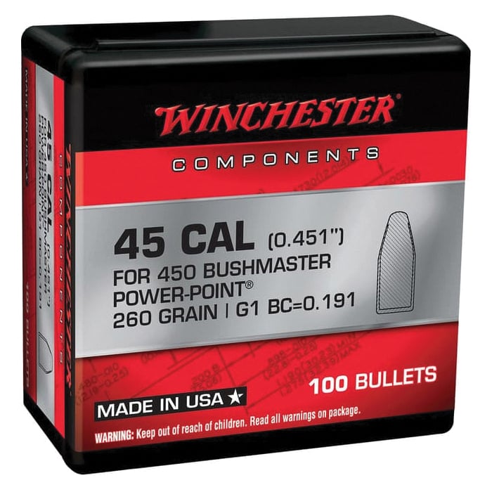Winchester Power Point .450 Bushmaster SP Rifle Bullet, 260 gr 0.451" 100rds