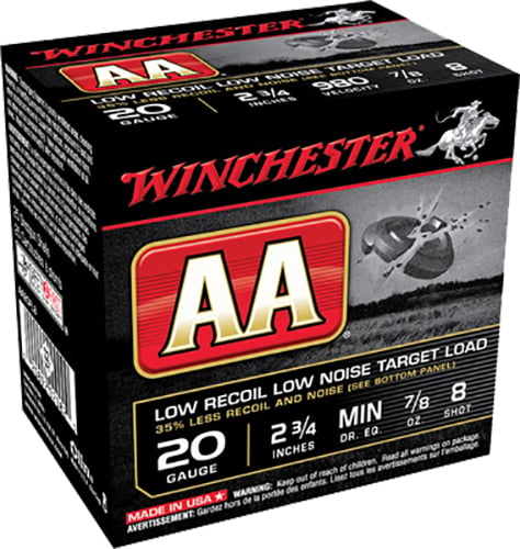 Winchester Ammunition AA Low Recoil Low Noise 2.75" 20 Gauge Ammo 8, 25/box - AA20FL8
