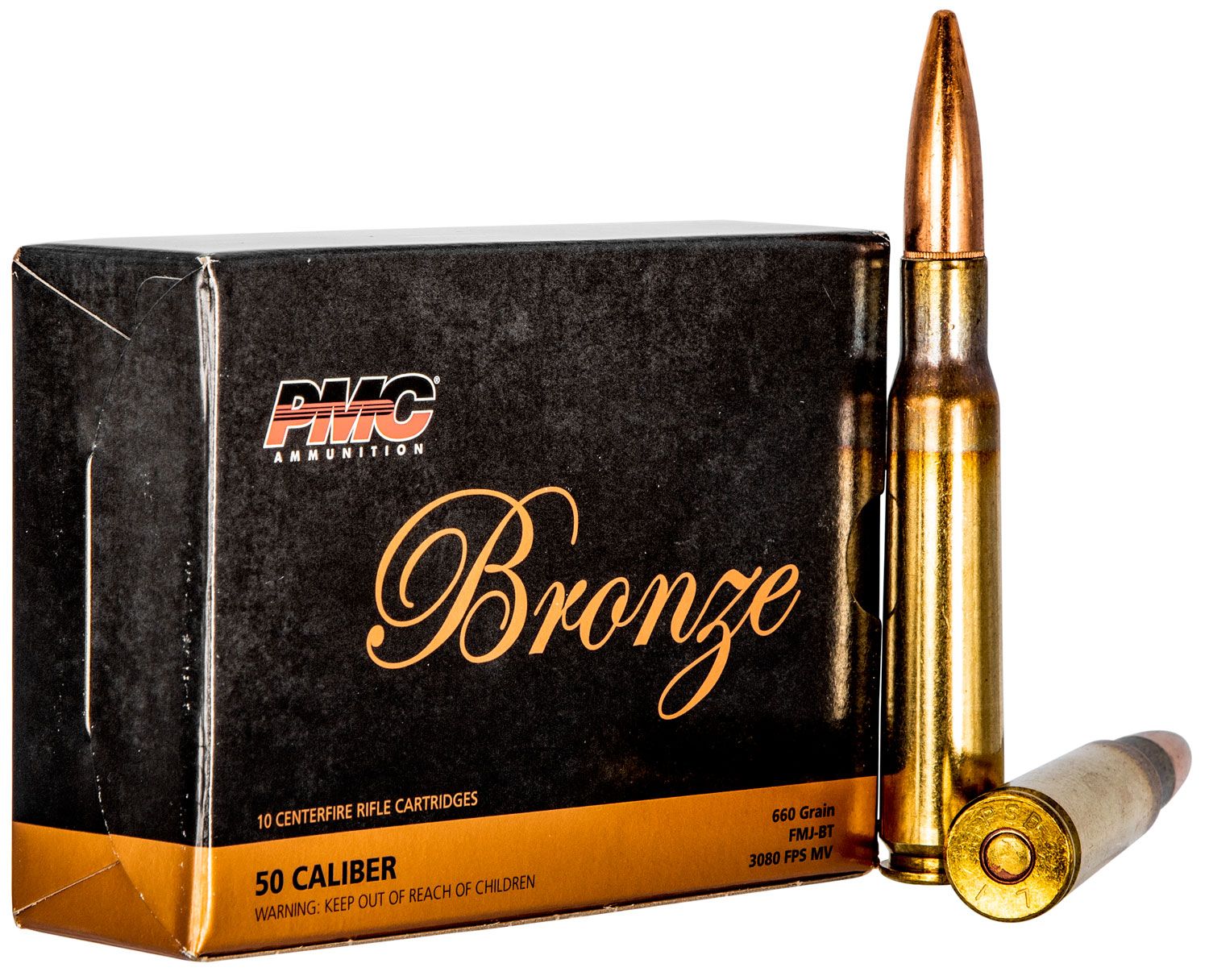 PMC Ammunition Bronze 660 gr Full Metal Jacket Boat Tail .50 BMG Ammo, 10/box - 50A