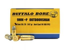 Buffalo Bore Outdoorsman 9mm Luger +P 147 grain Hard Cast Flat Nose Handgun Ammo, 20/Box - 24L/20