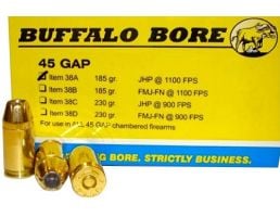 Buffalo Bore 45 GAP 185 grain Jacketed Hollow Point Pistol and Handgun Ammo, 20/Box - 38A/20