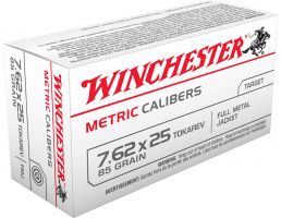 Winchester Ammunition USA Metric 85 gr Full Metal Jacket 7.62x25mm Tokarev Ammo, 50/box - MC762TOK