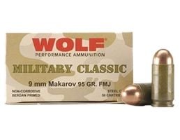 Wolf Performance Military Classic 95 gr Full Metal Jacket 9x18mm Makarov Ammo, 50/box - MC918FMJ