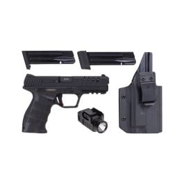 SAR SAR9 X Package 4.4" 9mm 17rd/19rd Pistol, Black W/ Rail Mounted Flashlight and Holster - SAR9XBL
