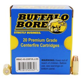 Buffalo Bore 45 ACP +P 230 grain Full Metal Jacket Flat Nose Pistol and Handgun Ammo, 20/Box - 45-230FMJ/20