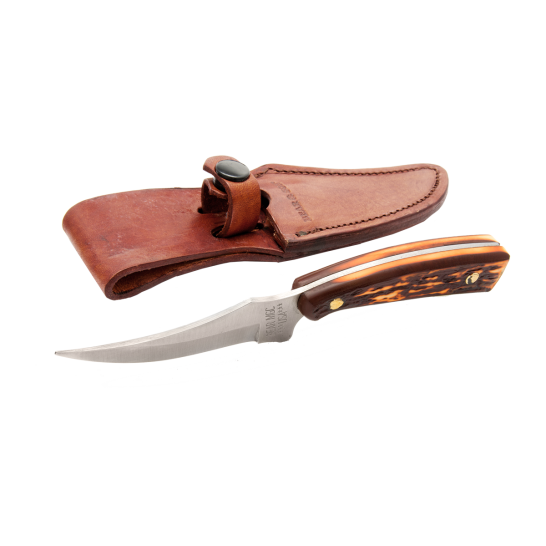 Bear & Son 7 1/4 Stag Delrin Upswept Skinner w/ Leather Sheath ...