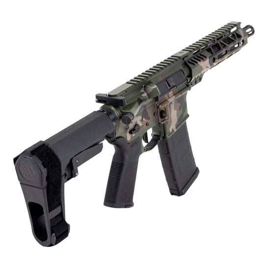 PSA Custom 7.5" Pistol-Length 300AAC 1/8 Phos. 7" LTWT M-Lok Pistol, 3.5lb Flat FCG, Woodland Camo