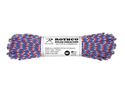 Rothco 550Lb Type III Nylon Camo Paracord - Red - White - Blue Camo, 100