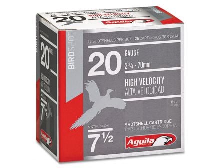 Aguila Field 20 Gauge 2-3/4 inches 7-1/2 Shot 1 oz High Velocity Lead Shotshell, Birdshot, 25/Box - 1CHB2007
