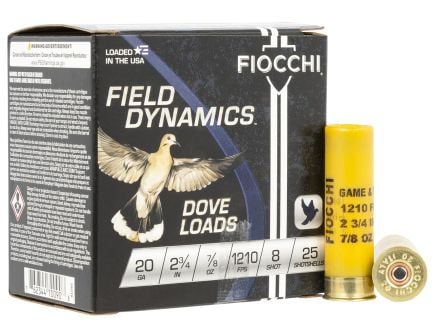 Fiocchi Field Dynamics Dove & Quail 20ga 2.75" 7/8oz #8 Ammo, 25rds - 20GT8