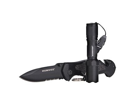 Camp Co Humvee Emergency Rescue Knife and Tactical LED Flashlight Spear Point, Black