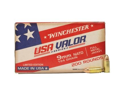 Winchester Valor Ammo 9mm NATO 124gr FMJ, 200rds