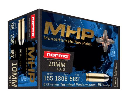 Norma 10mm MHP 155gr Brass Cased Ammo, 20rds - 610140020