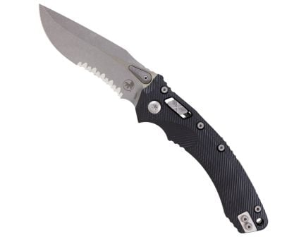 Microtech Amphibian Ram-Lok Apocalyptic Folding Clip Point Knife Serrated, Black - 137RL-11APFLGTBK