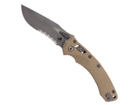 Microtech Amphibian Ram-Lok Apocalyptic Folding Clip Point Knife Serrated, Tan - 137RL-11APFLGTTA