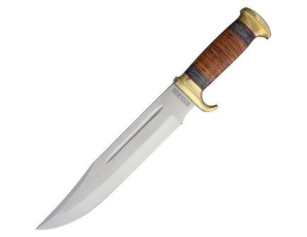Rough Rider Stacked Leather Bowie Fixed Blade Clip Point Knife, Brown - RR2006