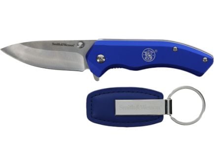 Smith & Wesson Folding Drop Point Knife w/ Keychain Combo, Blue - 1259484