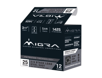 Migra Steel Waterfowl 12 Gauge 3-1/2in 1-3/8 oz #2/4 Stacked Load, 25rds - M12LSS24