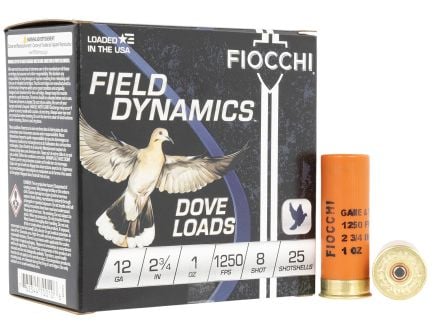 Fiocchi Field Dynamics Dove& Quail 12ga 2.75" 1oz #8 Shotshell, 25rds - 12GT8