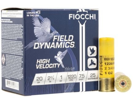 Fiocchi Field Dynamics High Velocity 20ga 2.75" 1oz #7.5 Shotshell Ammo, 25rds - 20HV75