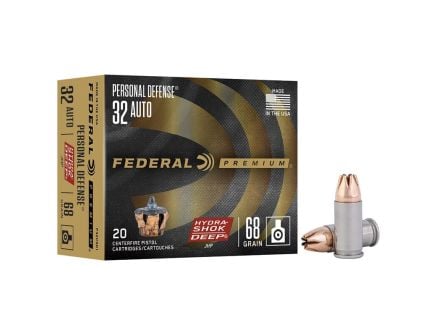 Federal Premium Personal Defense Hydra-Shok Deep .32 ACP 68 gr JHP 20rds Handgun Ammo for Effective Protection - P32HSD1