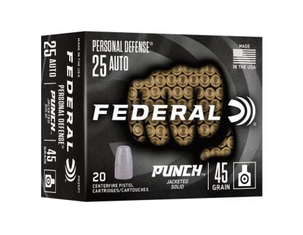 Federal Personal Defense Punch .25 ACP 45 gr Solid 20rds Handgun Ammo for Reliable Self-Defense - PD25P1