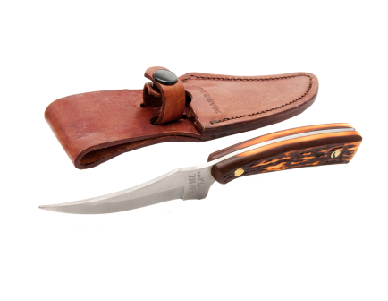 Bear & Son 7 1/4 Stag Delrin Upswept Skinner w/ Leather Sheath