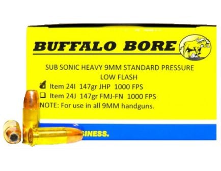 Buffalo Bore Subsonic Heavy Standard Pressure 9mm Parabellum/Luger 147 grain Jacketed Hollow Point Pistol and Handgun Ammo, 20/Box - 24I/20