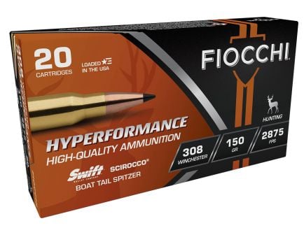 Fiocchi Hyperformance .308 Win 150gr Scirocco Boat Tail Spitzer Ammo, 20rds - 308SCA