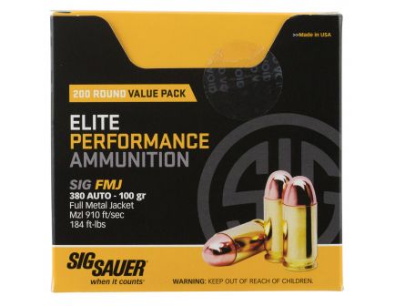 Sig Sauer Elite Ball 100 gr Full Metal Jacket .380 Auto Ammo, 200 Rounds - E380B1200