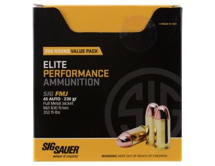 Sig Sauer Elite Ball 230 gr Full Metal Jacket .45 ACP Ammo, 200 Rounds - E45BA3200