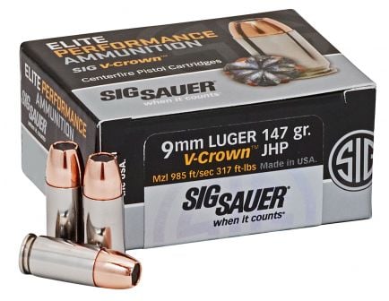 SIG Sauer Elite Perf V-Crown 147 gr JHP 9mm Ammo, 50/box  for sale