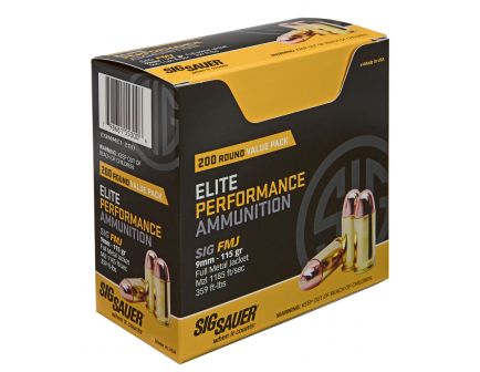 Sig Sauer Elite Ball 115 gr Full Metal Jacket 9mm Ammo, 200 Rounds - E9MME1200