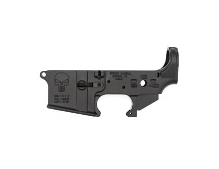 Spikes Tactical Multi-Caliber Color Filled Punisher Logo Stripped Lower Receiver, Hardcoat Anodized Black - STLS015-CFA