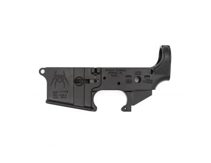 Spikes Tactical Multi-Caliber Spider Logo Stripped Lower Receiver, Hardcoat Anodized Black, Bullet Pictogram Selector - STLS019