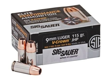 Sig Sauer Elite V-Crown 115 gr JHP 9mm Ammo, 20/pack - E9MMA1COMP50