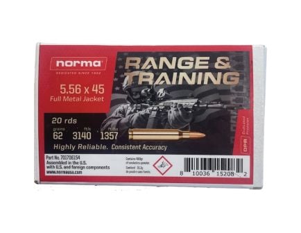 Norma Range/Training 5.56x45mm 62 gr FMJ 10rds Rifle Ammo for Practice - 701706154