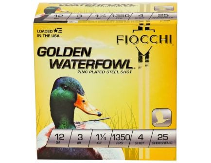 Fiocchi Golden Waterfowl 12 Gauge Ammunition, 25 Rounds Steel Shot #4 - 123SGW4