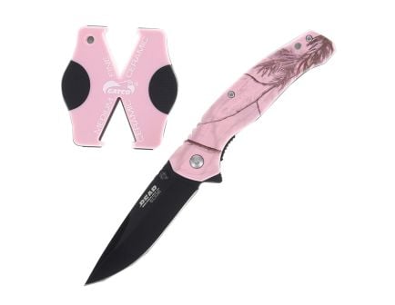 Bear & Son Bear Edge Brisk 2.0 Folding Knife and Sharpener Combo Drop Point, Pink Camouflage
