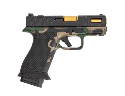 PSA Sabre Dagger Micro 9mm Pistol, TiN Barrel, w/ Mag Extensions, M81 Woodland Camo