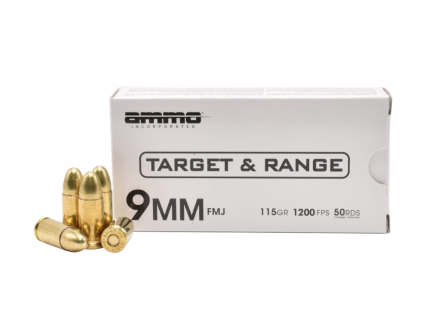 Ammo Inc Target and Range 9mm 115 gr FMJ 50rds Handgun Ammo for Reliable Practice - 9115FMJTR50