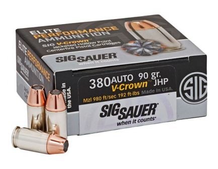 Sig Sauer 380 Auto 90gr V-Crown JHP Ammunition, 50 rounds - E380A1-50