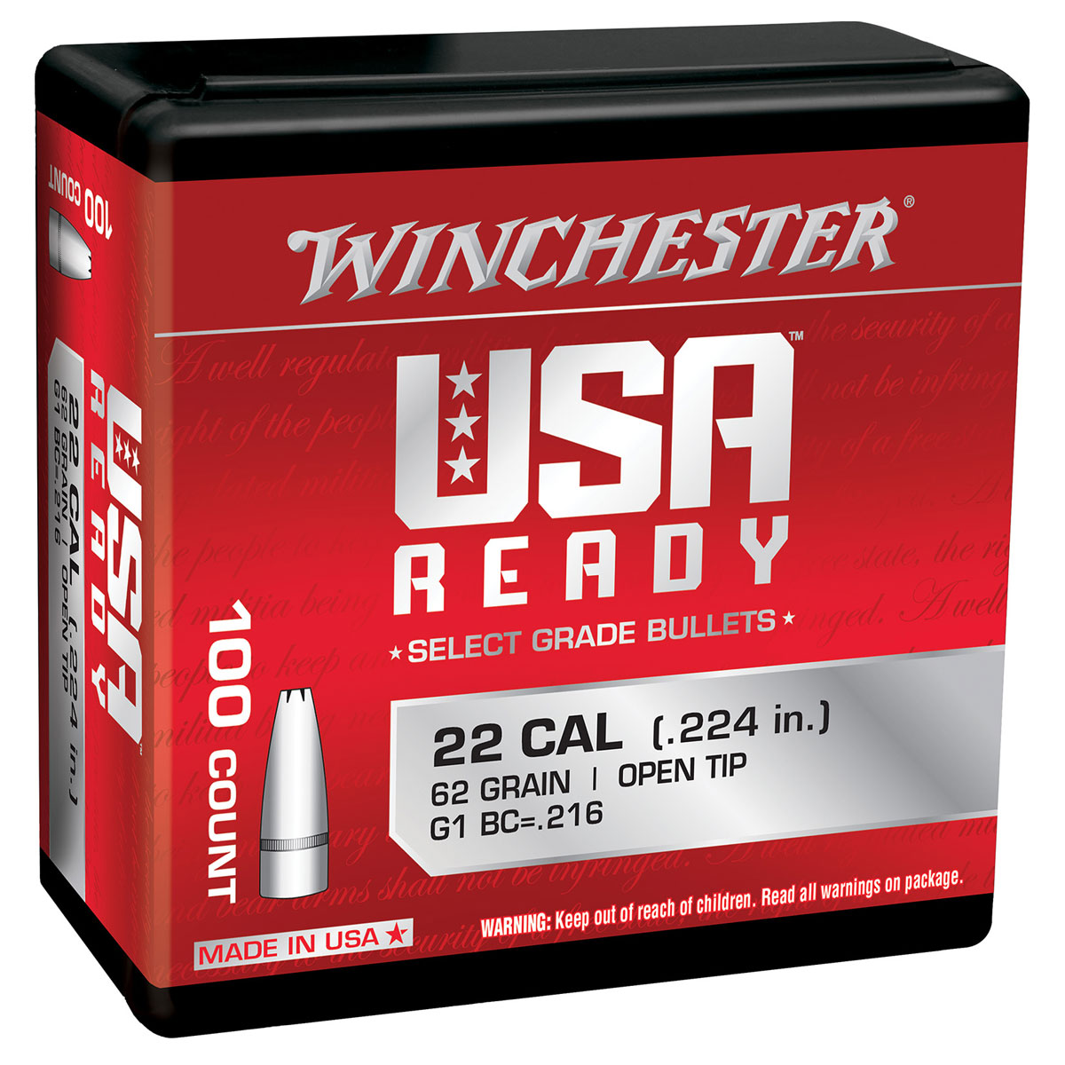 Winchester USA Ready 62 gr OT .22 Cal 224 Reloading Bullets, Pack of 100 - WBR22462